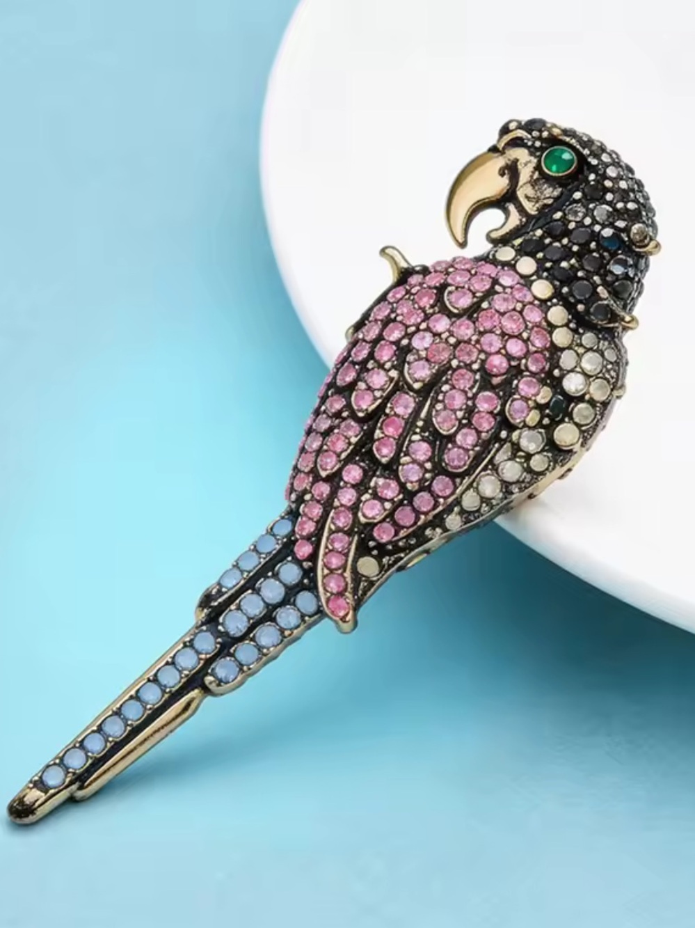 Anthropologie Pink and Blue Parrot Brooch